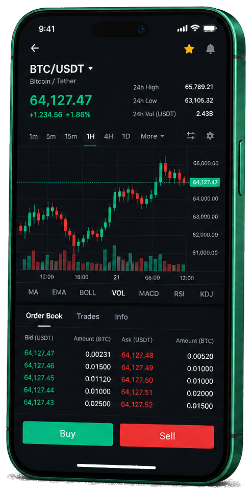 Stake Lexipro Cap trading platform on mobile — live BTC/USDT chart, order book, and buy/sell interface